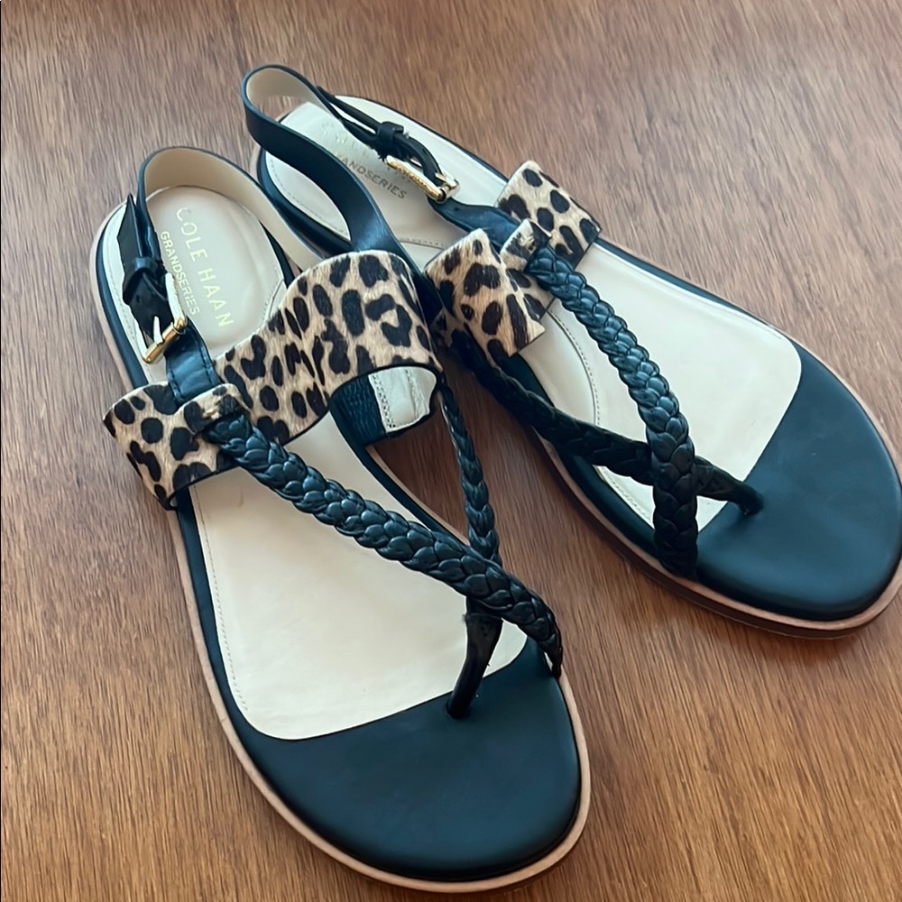 Cole Haan Women's 8B Black and Tan Leopard Grandseries Anica Slingbacks